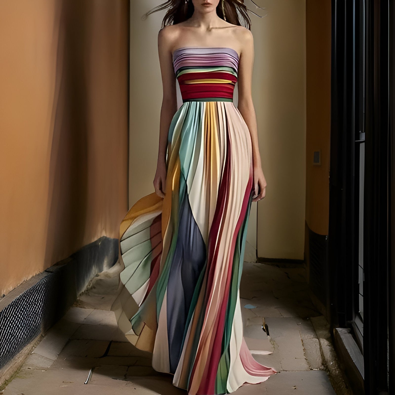 Benedita – Vestido de Gala Sem Alças com Efeito Plissado e Corte Fluido