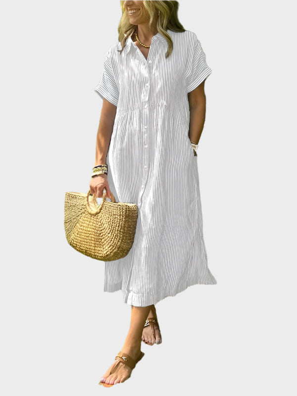 Vestido Camisa Listrado com Penas, Botões e Bolsos Funcionais