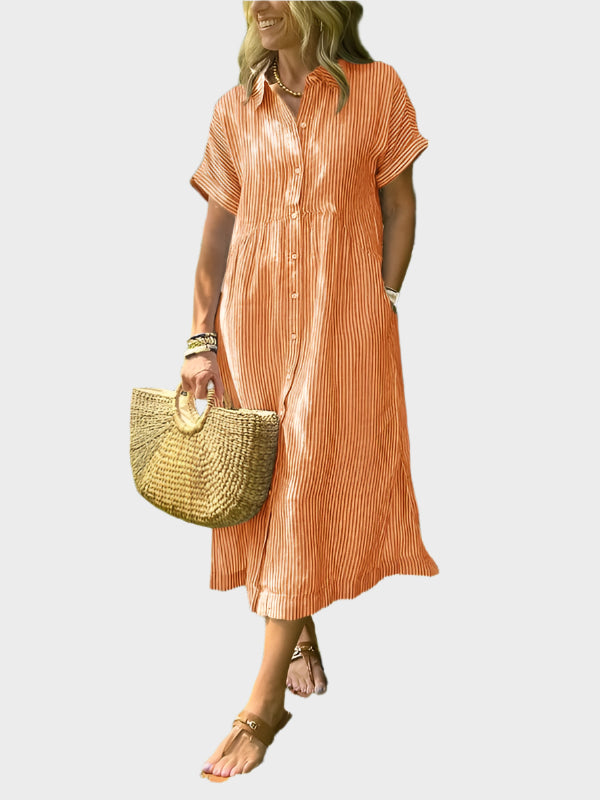 Vestido Camisa Listrado com Penas, Botões e Bolsos Funcionais