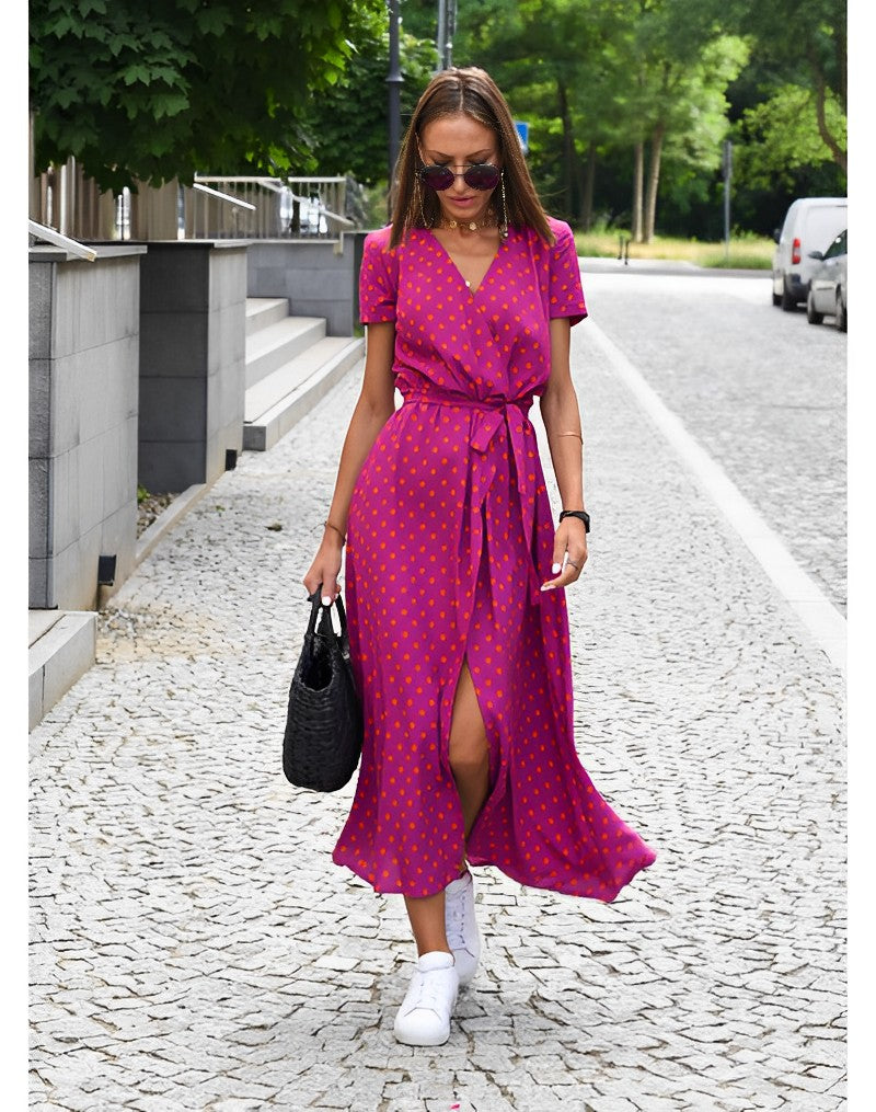Madalena – Vestido Longo Transpassado com Amarração e Manga Curta