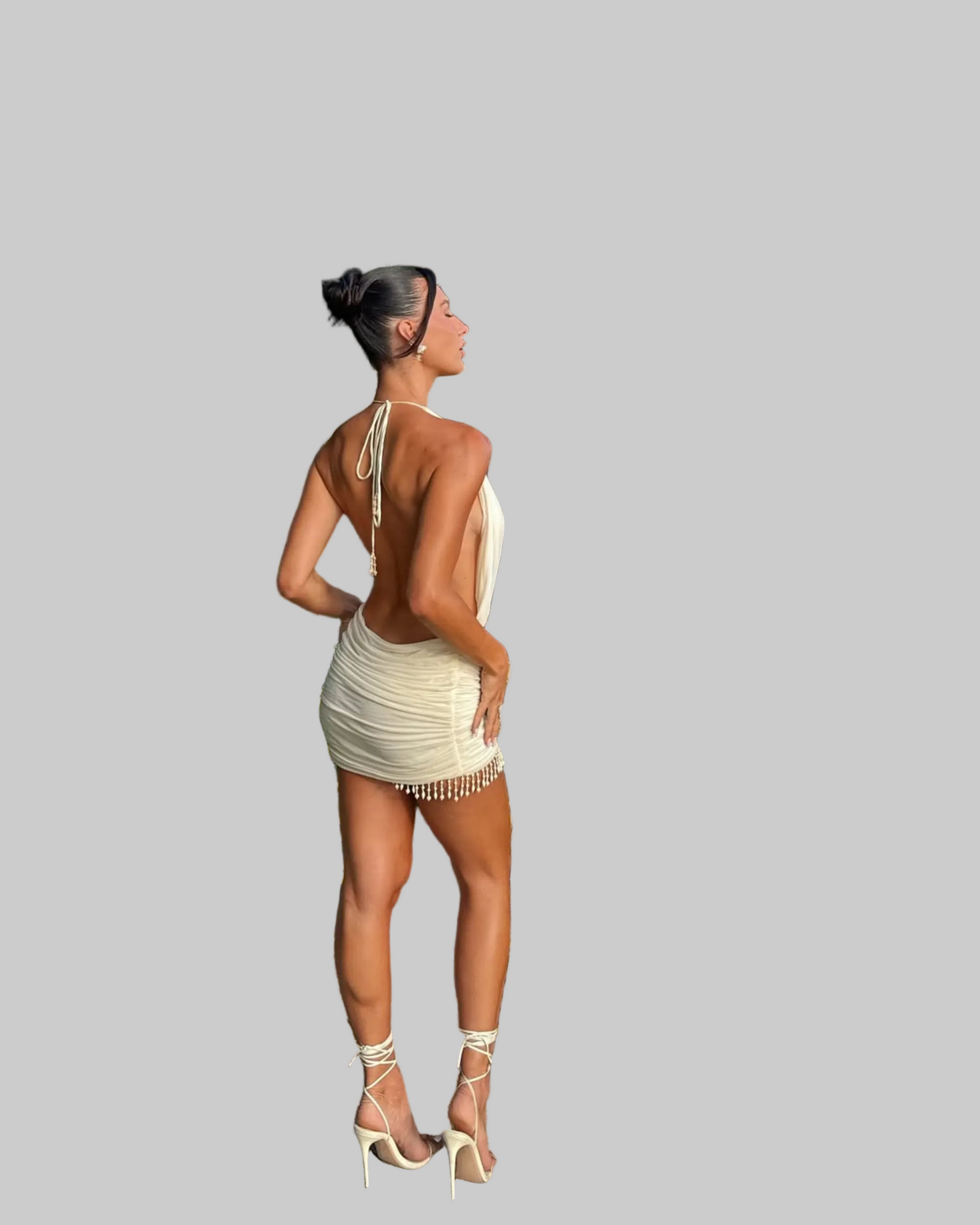 Irina — Vestido Curto Drapeado com Acabamento de Missangas