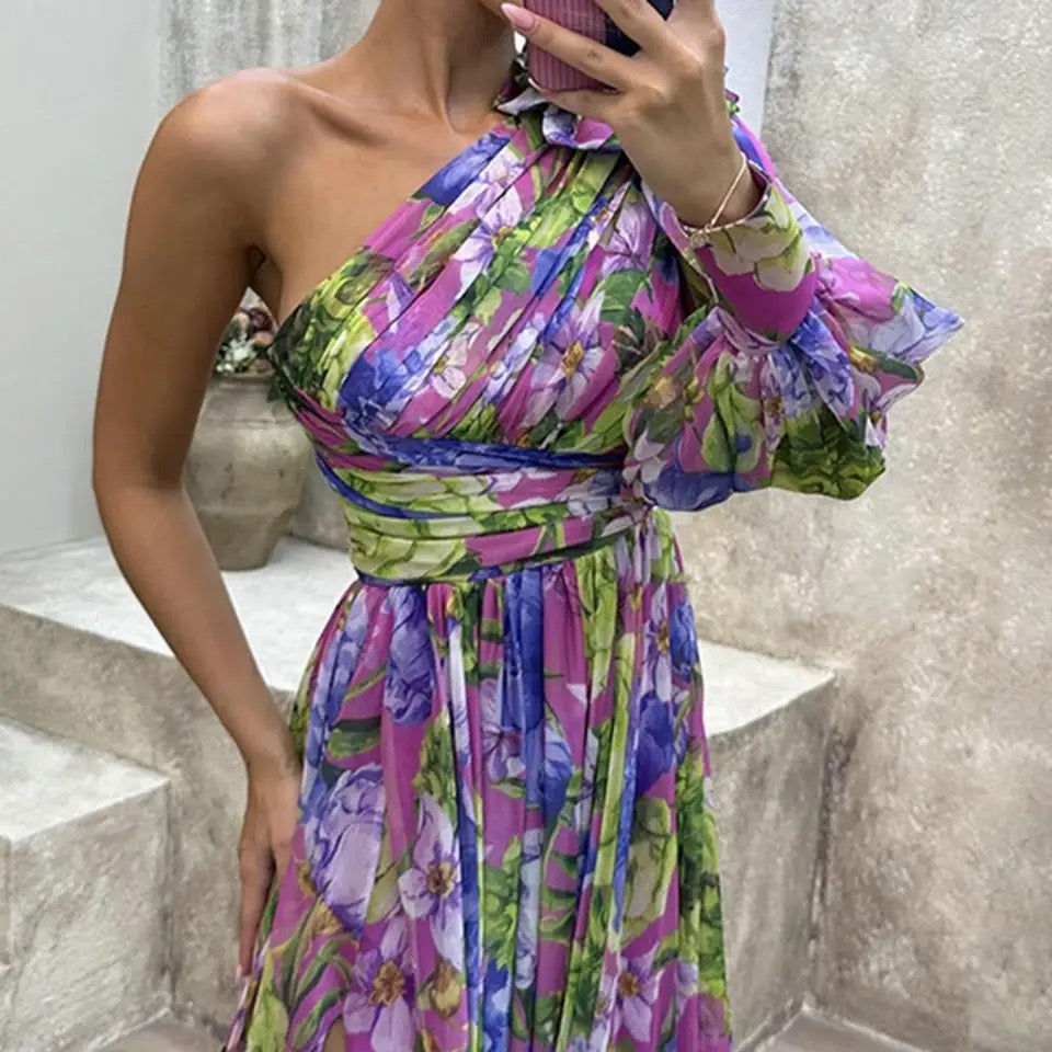 Camila – Vestido Maxi Floral com Drapeado Frontal e Saia Fluida