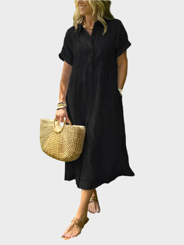 Vestido Camisa Listrado com Penas, Botões e Bolsos Funcionais