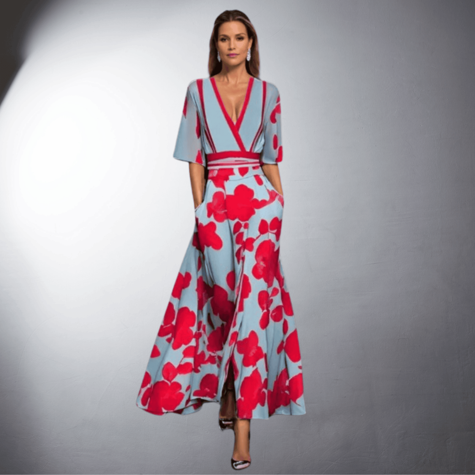 Letícia – Vestido Longo com Decote em V e Estampa Floral
