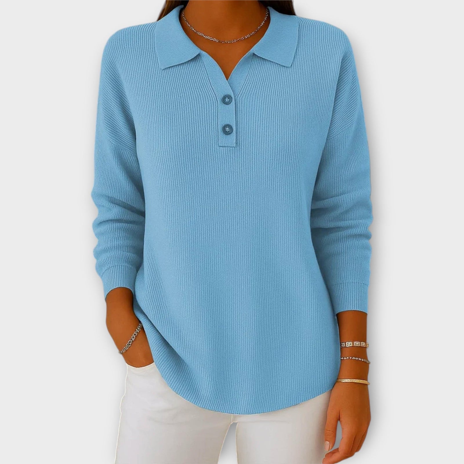 Blusa Tricotada com Gola Elegante e Botões