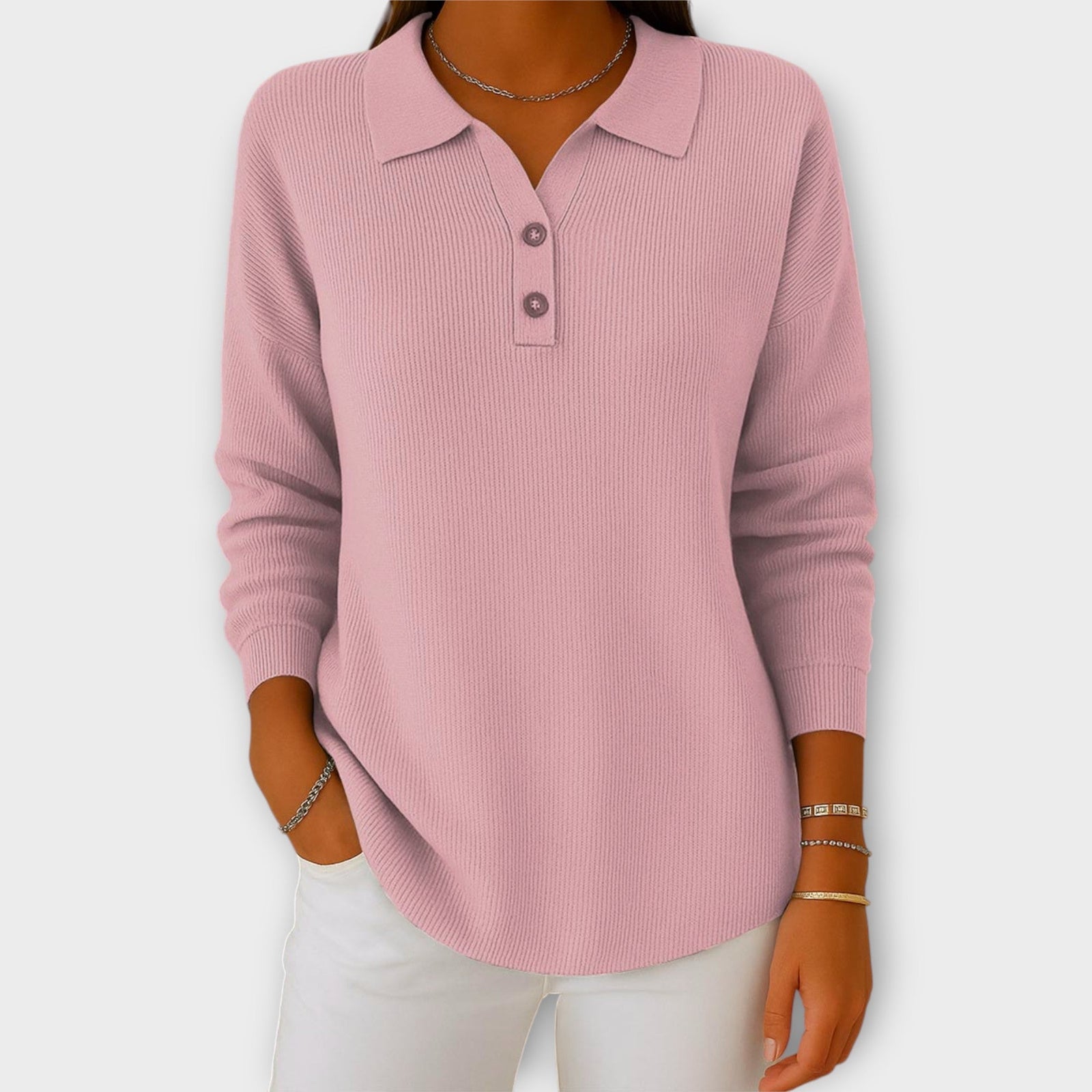 Blusa Tricotada com Gola Elegante e Botões