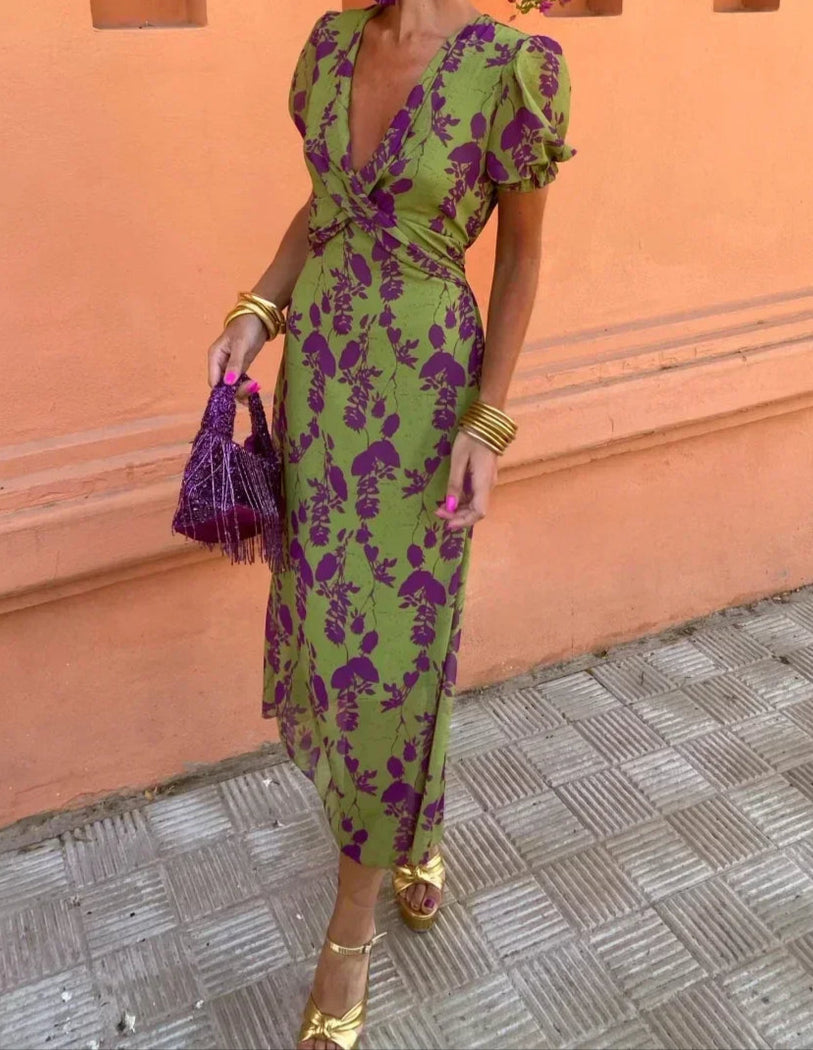 Beatriz – Vestido Midi com Decote Transpassado e Manga Princesa