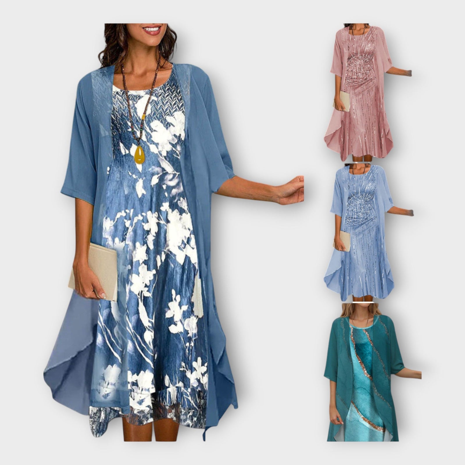 Vestido Arejado com Cardigã Externo e Padrões