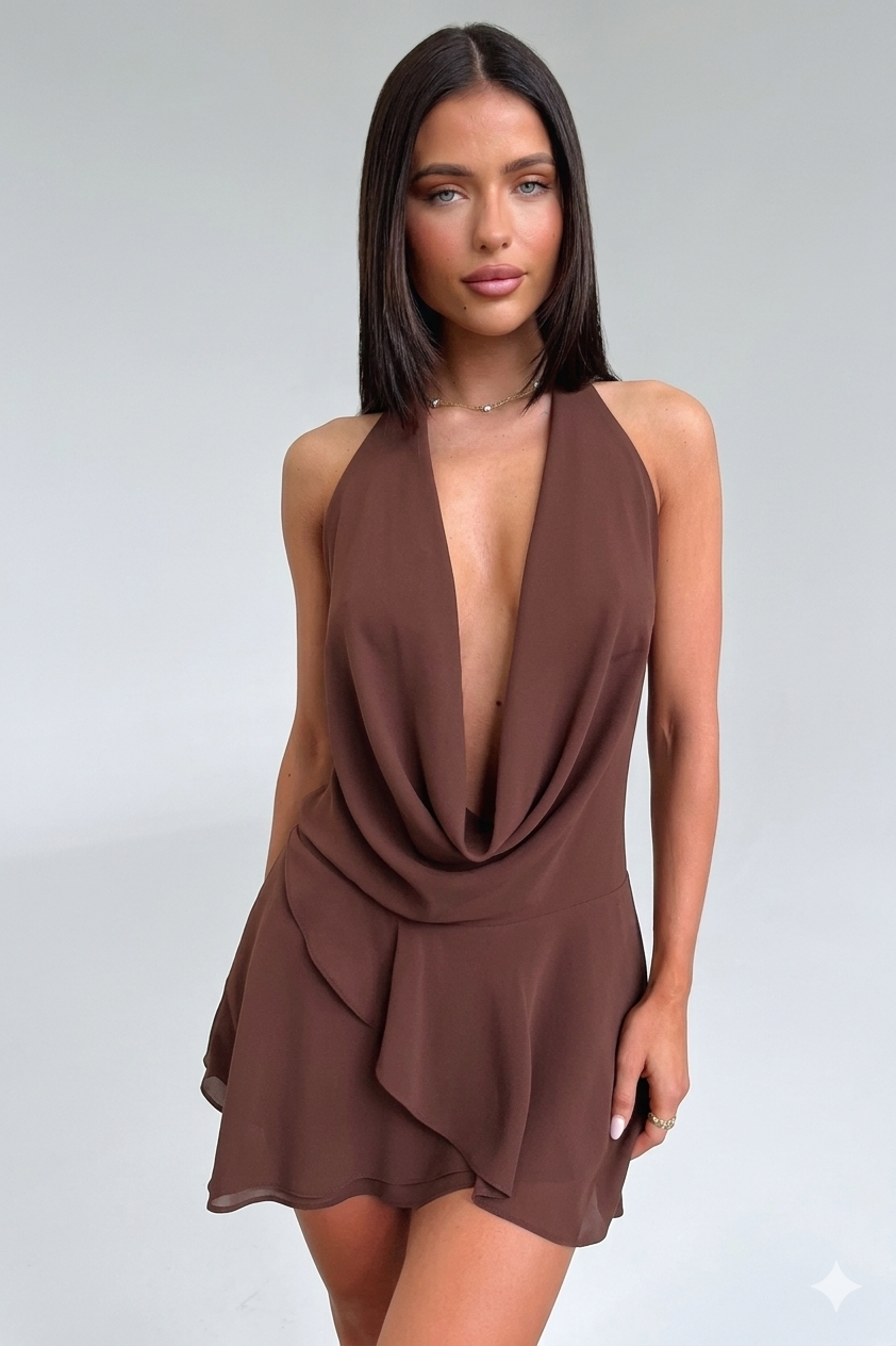 Matilde — Vestido Curto de Decote Drapê e Corte Fluido