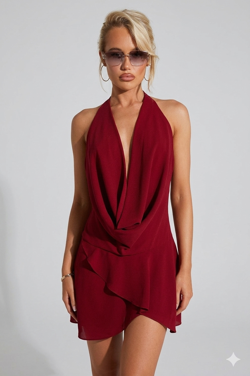 Matilde — Vestido Curto de Decote Drapê e Corte Fluido