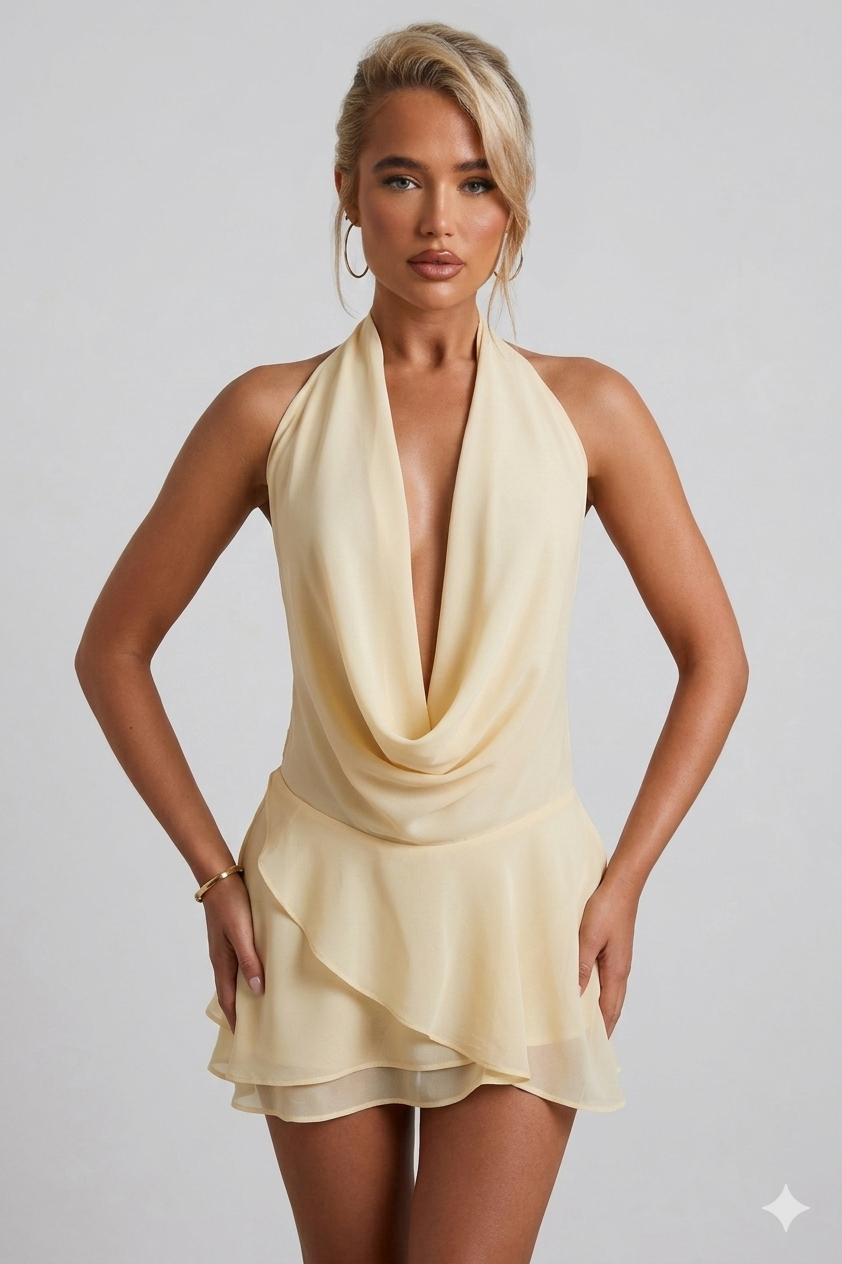 Matilde — Vestido Curto de Decote Drapê e Corte Fluido