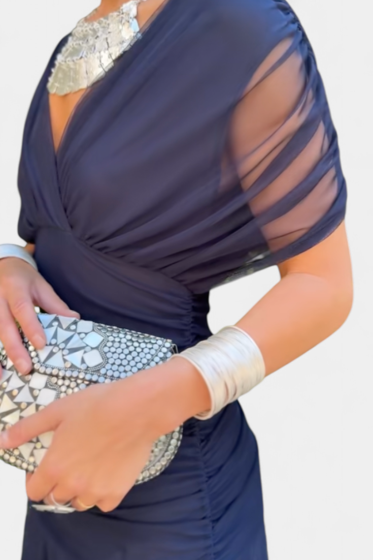 Carlota – Vestido de Gala com Decote Bardot e Corpo Inteiramente Drapeado