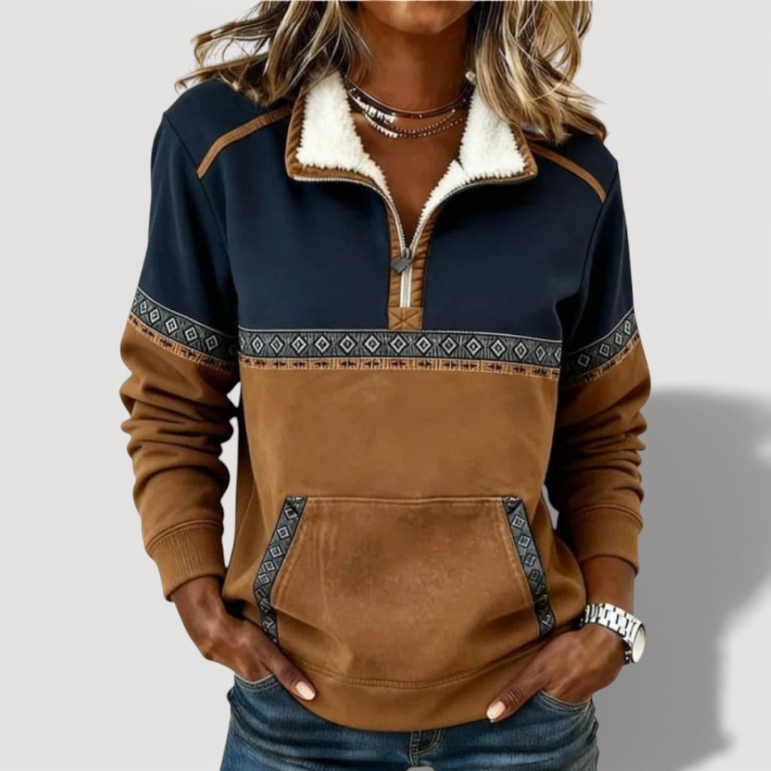 Madalena | Blusa Casual Com Gola Aveludada e Design Tribal