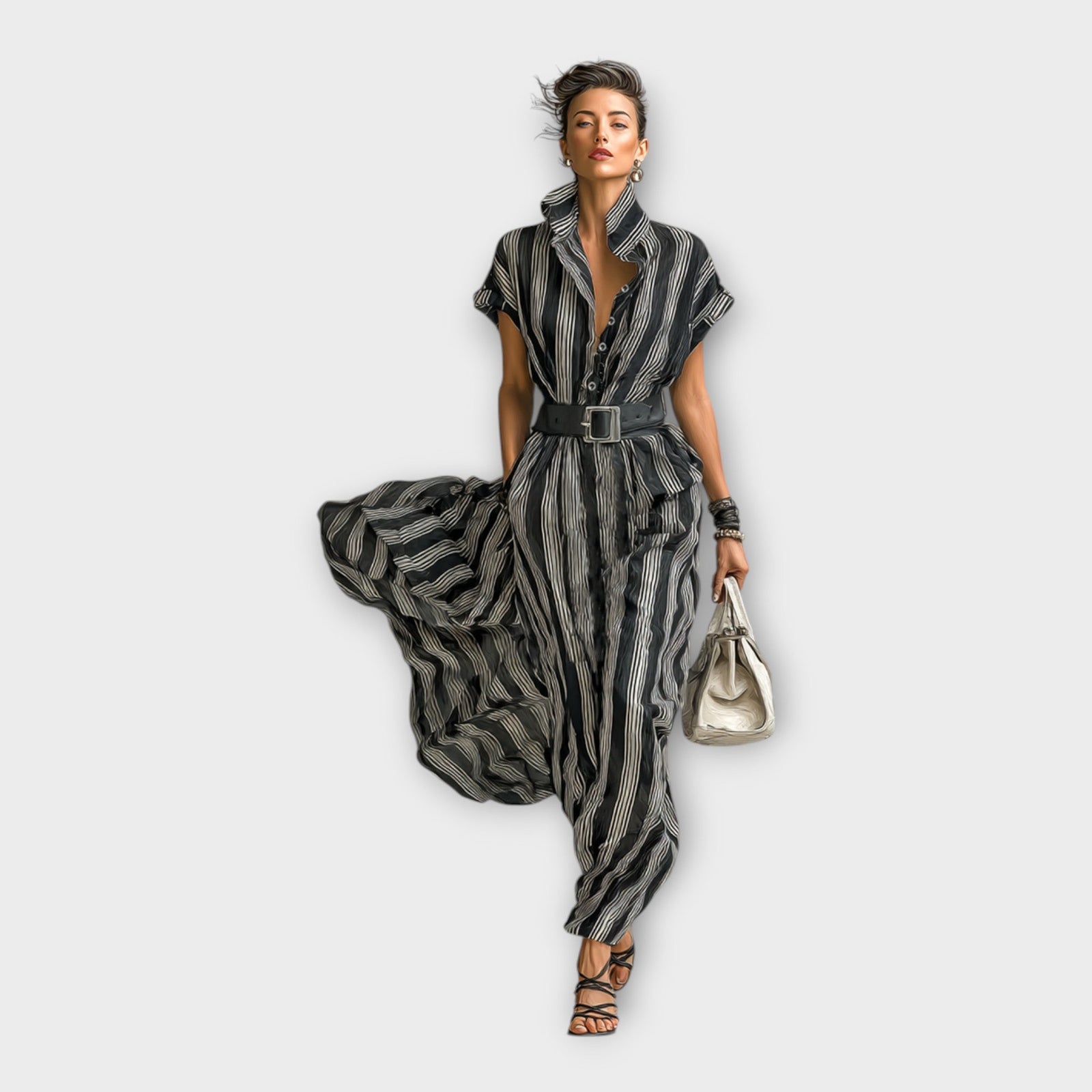 Vestido longo com estética minimalista e sofisticada