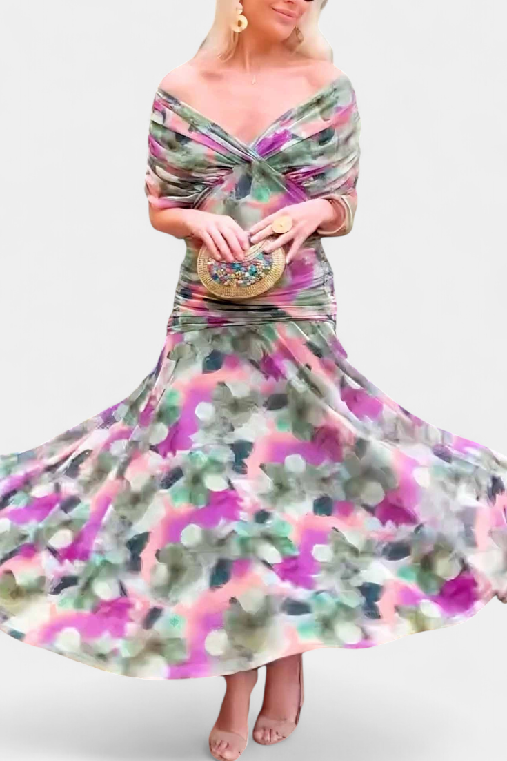 Carlota – Vestido de Gala com Decote Bardot e Corpo Inteiramente Drapeado