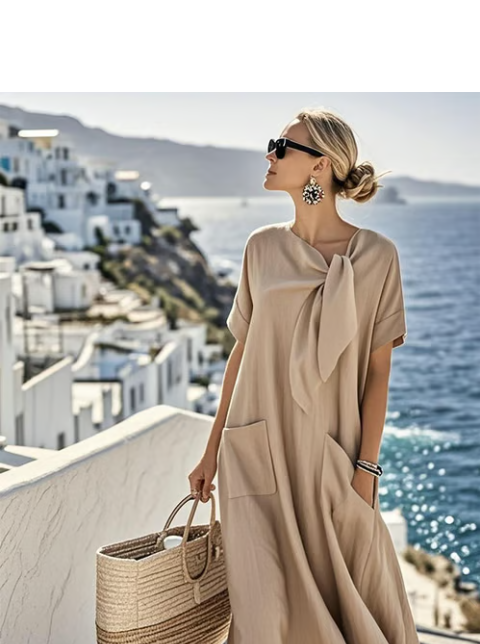 Helena – Vestido Túnica de Corte Amplo com Laço Ornamental no Decote