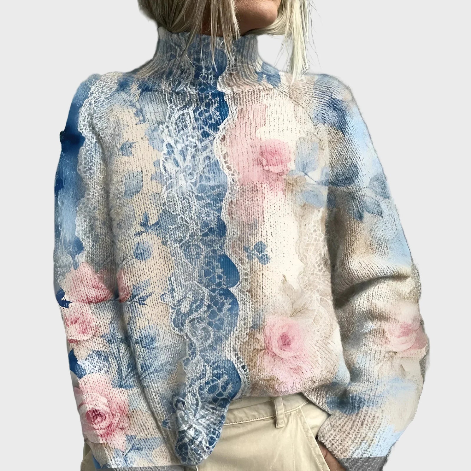 Pullover de Gola Alta com Elegante Padrão Floral