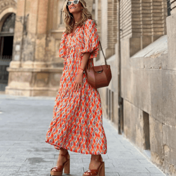 Alice – Vestido Evasé com Manga de Volume e Acabamento em Folho