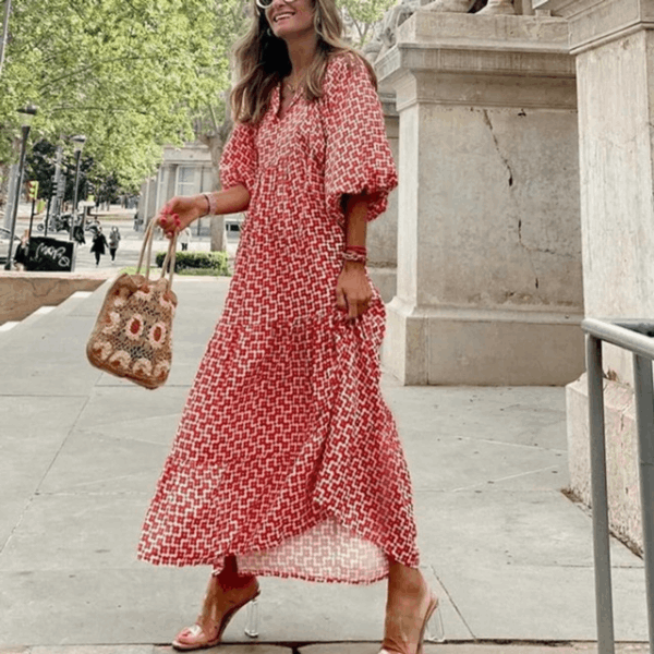 Alice – Vestido Evasé com Manga de Volume e Acabamento em Folho