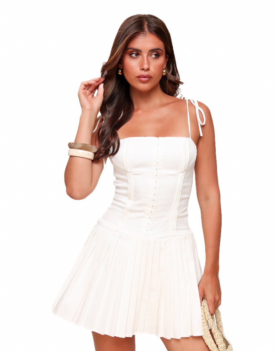 Camila — Vestido Curto de Espartilho com Saia Plissada
